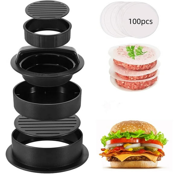3-in-1 Stuffed Burger Press,Hamburger Press,Hamburger Press Patty Maker for Stuffed Burgers,Beef Veggie Burger,Sliders,Burger Patty Mold with 100PCS Patty Wax Paper