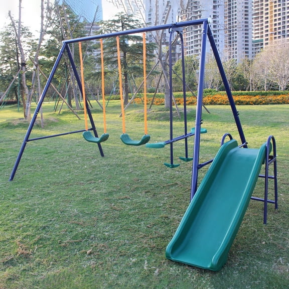3-in-1 Swing Set with Slide, Belt Swing & Glider, Heavy-Duty Steel Frame, Weather-Resistant, Outdoor Backyard