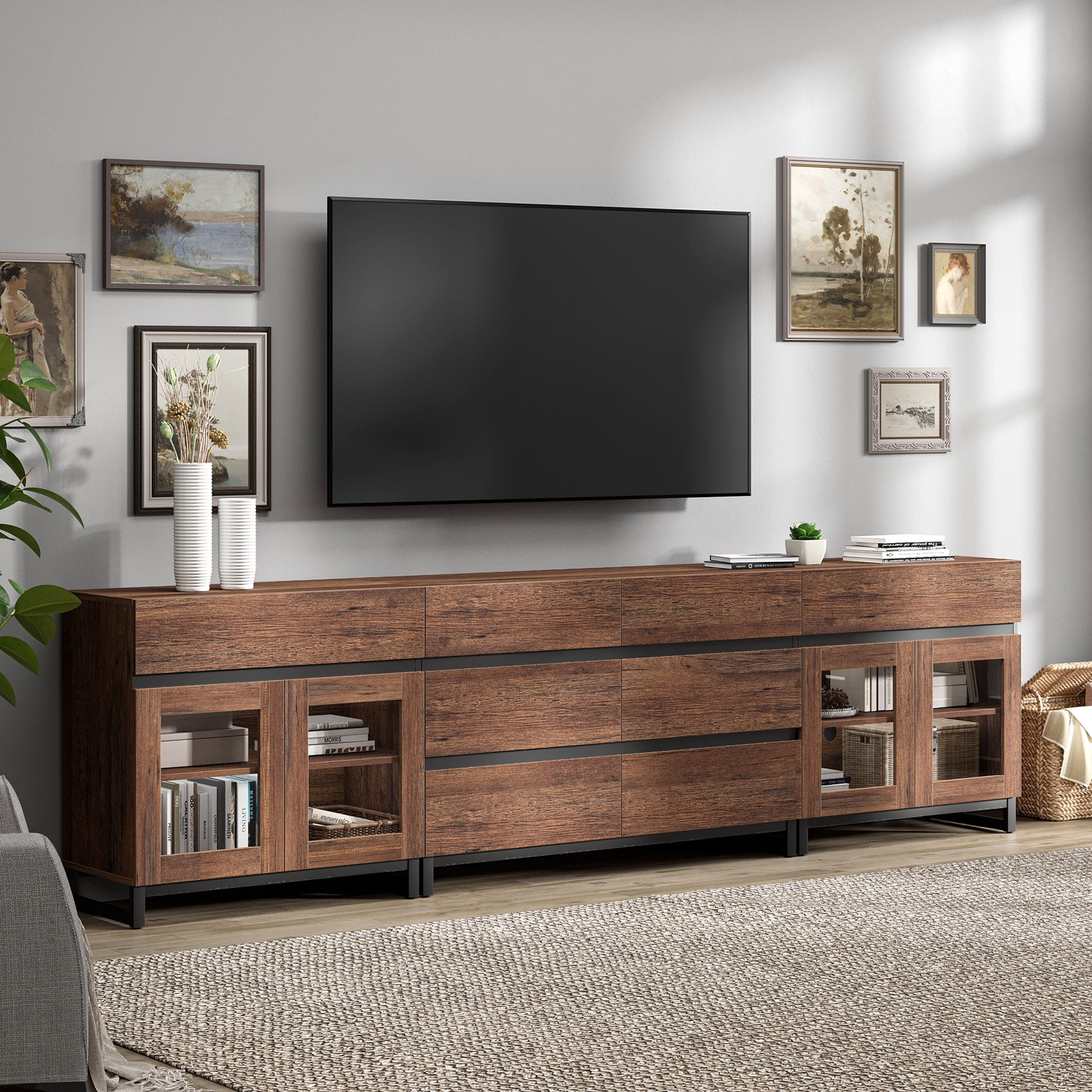3 in 1 TV Stand for TVs up to 120 Inch, Modern Brown Entertainment Center with Glass Doors, 8 Drawers and Adjustable Shelf,Brown