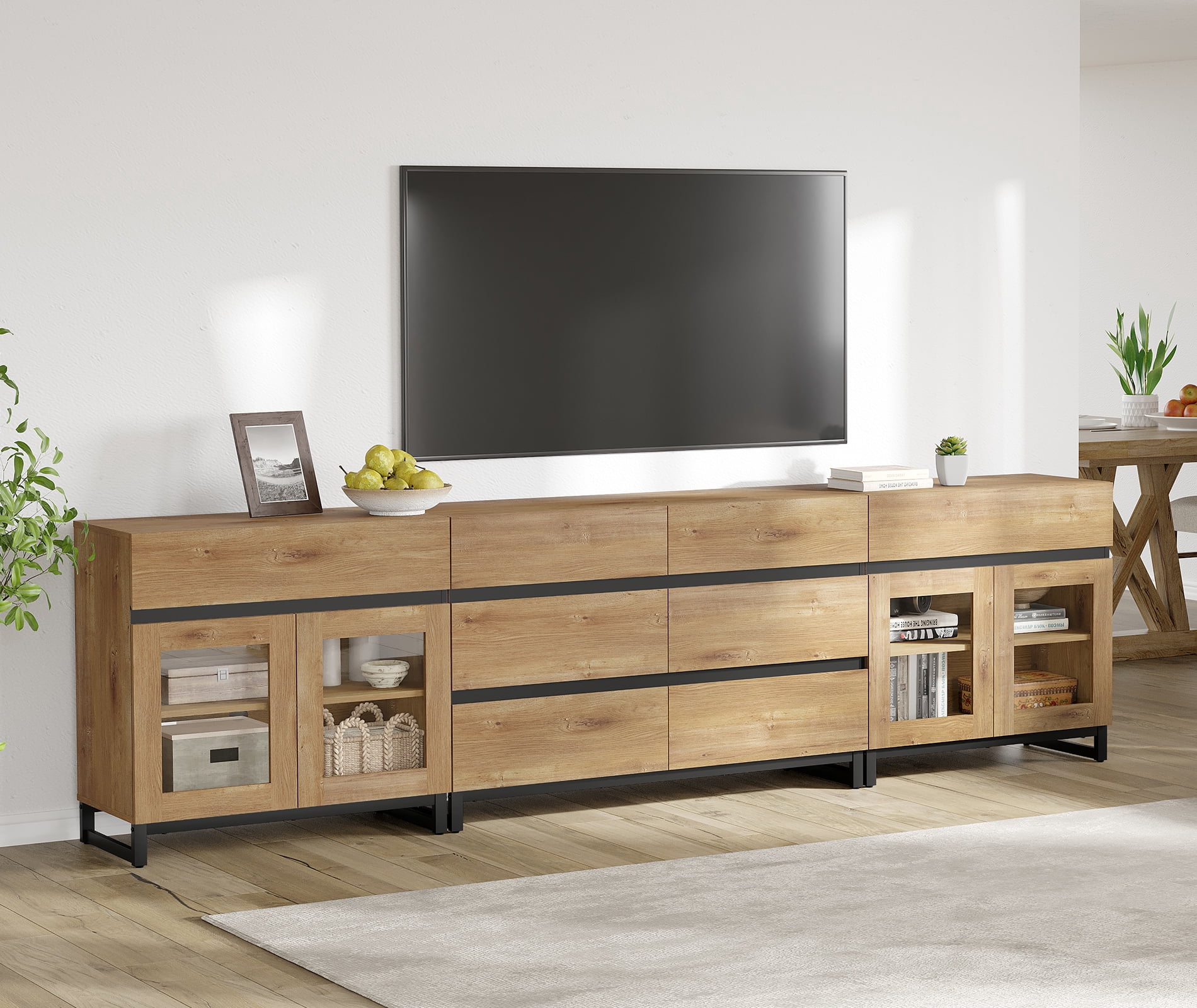 3 in 1 TV Stand for TVs up to 120 Inch, Modern Brown Entertainment Center with Glass Doors, 8 Drawers and Adjustable Shelf,Oak