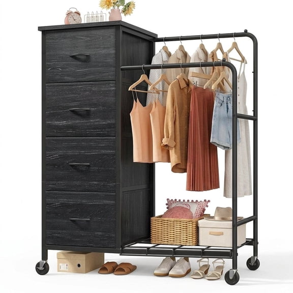 melmine 3-in-1 Tall Dresser with Double Clothes Rack & 4 Fabric Drawers Closet Organizer Dresser for Bedroom, Black