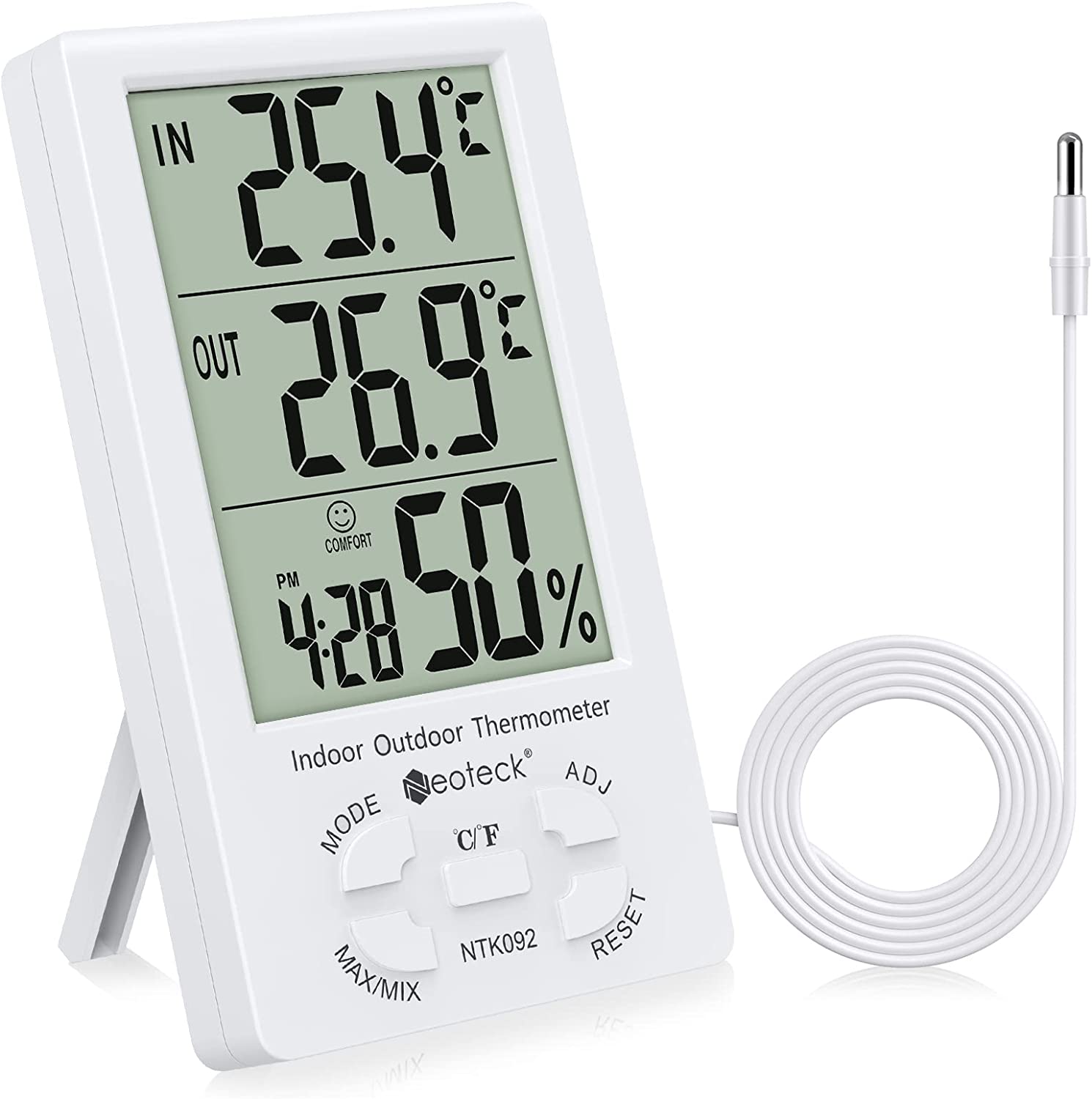 Thermometer Using A Wire 3 in 1 Thermometer Hygrometer with Clock Large LCD Display, Digital ...