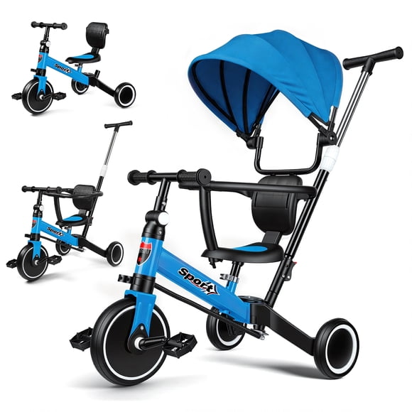 WLRETMCI 7 in 1 Toddler Bike, Tricycle for Toddlers 1-5 Year Old with UV Canopy, Balance Bike with Parental Control Handle, Adjustable Seat Height, Removable Pedal, Backrest (Blue)