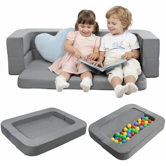 3-in-1 Toddler Couch, Convertible Sofa Bed with Bonus Pillow,Fold Out Loveseat/Ball Pit/Sleeping Bed, Kids Couch for Playroom/Bedroom/Living Room,Grey$$Home Decor, Kitchen, & Other
