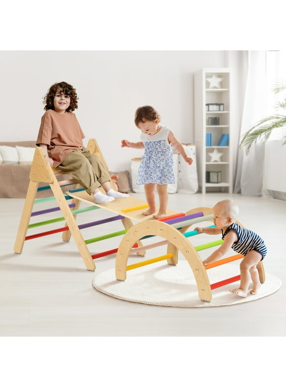 3 in 1 Toddler Rainbow Climbing Toys Indoor, Set of 3 Wooden Safety Sturdy Kids Play Gym, Indoor Outdoor Playground Climbing Toys for Toddler