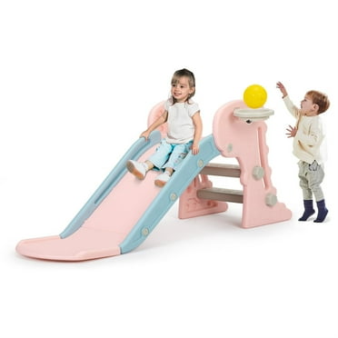 3 in 1 Toddler Slide, Baby Slide Climber Folding Playset with Basketball Hoop and Ball, Indoor and Outdoor Playground for Kids, Pink