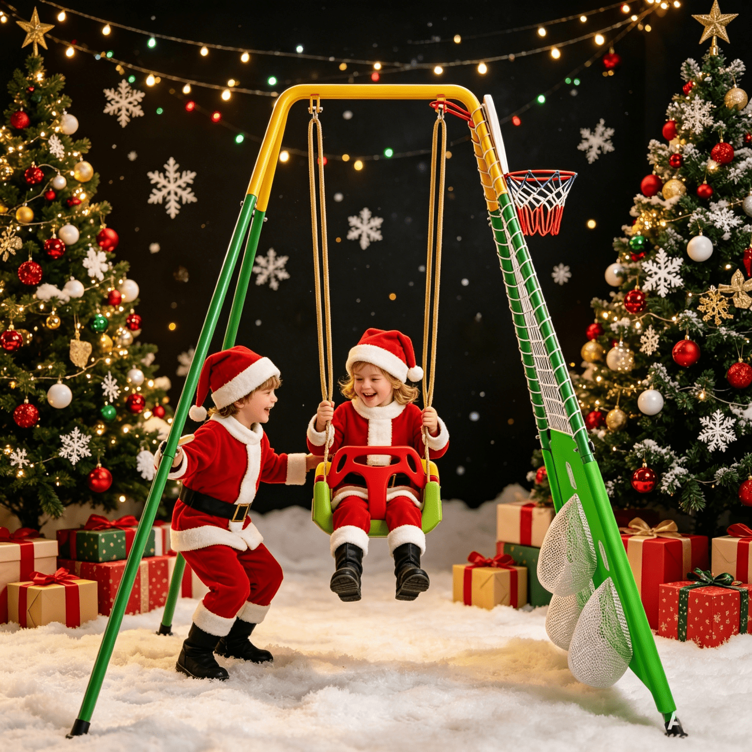 3-in-1 Toddler Swing Set with Basketball Hoop & Soccer Goals – Indoor/Outdoor Baby Swing with Foldable Metal Stand – Easy to Assemble & Store – Clear Instructions – Kids Swing Set for Backyard