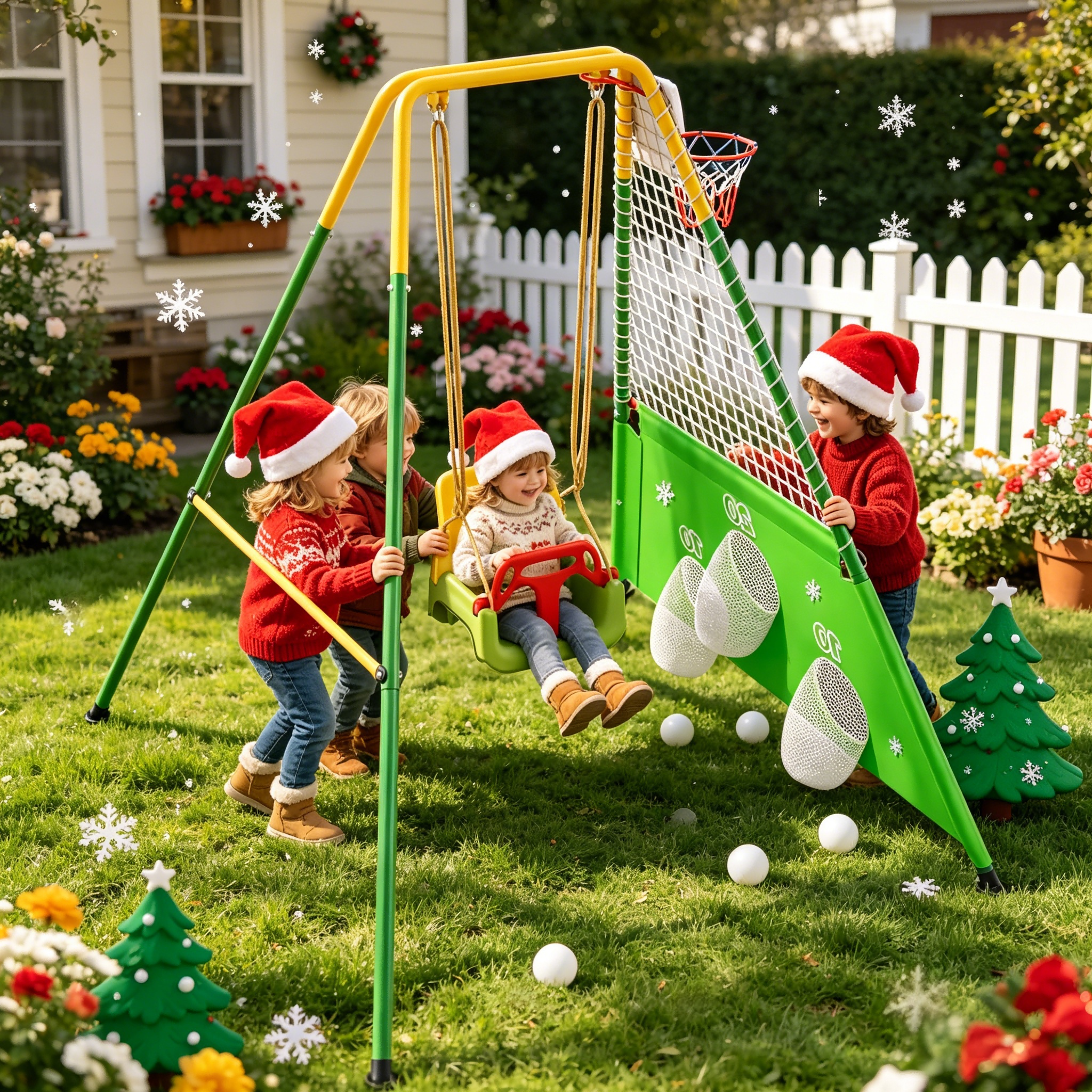 3-in-1 Toddler Swing Set with Basketball Hoop and Soccer Goals , Indoor/Outdoor Baby Swing with Foldable Metal Stand, Kids Swing Set for Backyard, Clear Instructions, Easy to Assemble & Store