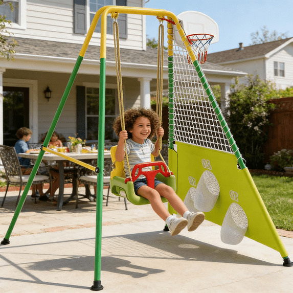 3-in-1 Toddler Swing Set with Basketball Hoop and Soccer Goals , Indoor/Outdoor Baby Swing with Foldable Metal Stand, Kids Swing Set for Backyard, Clear Instructions, Easy to Assemble & Store