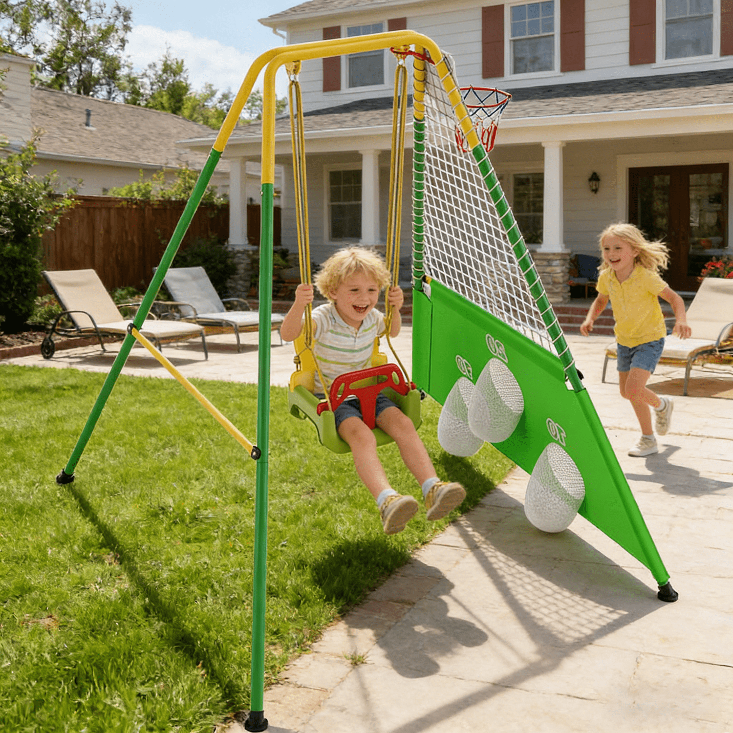 3-in-1 Toddler Swing Set with Basketball Hoop and Soccer Goals , Indoor/Outdoor Baby Swing with Foldable Metal Stand, Kids Swing Set for Backyard, Clear Instructions, Easy to Assemble & Store