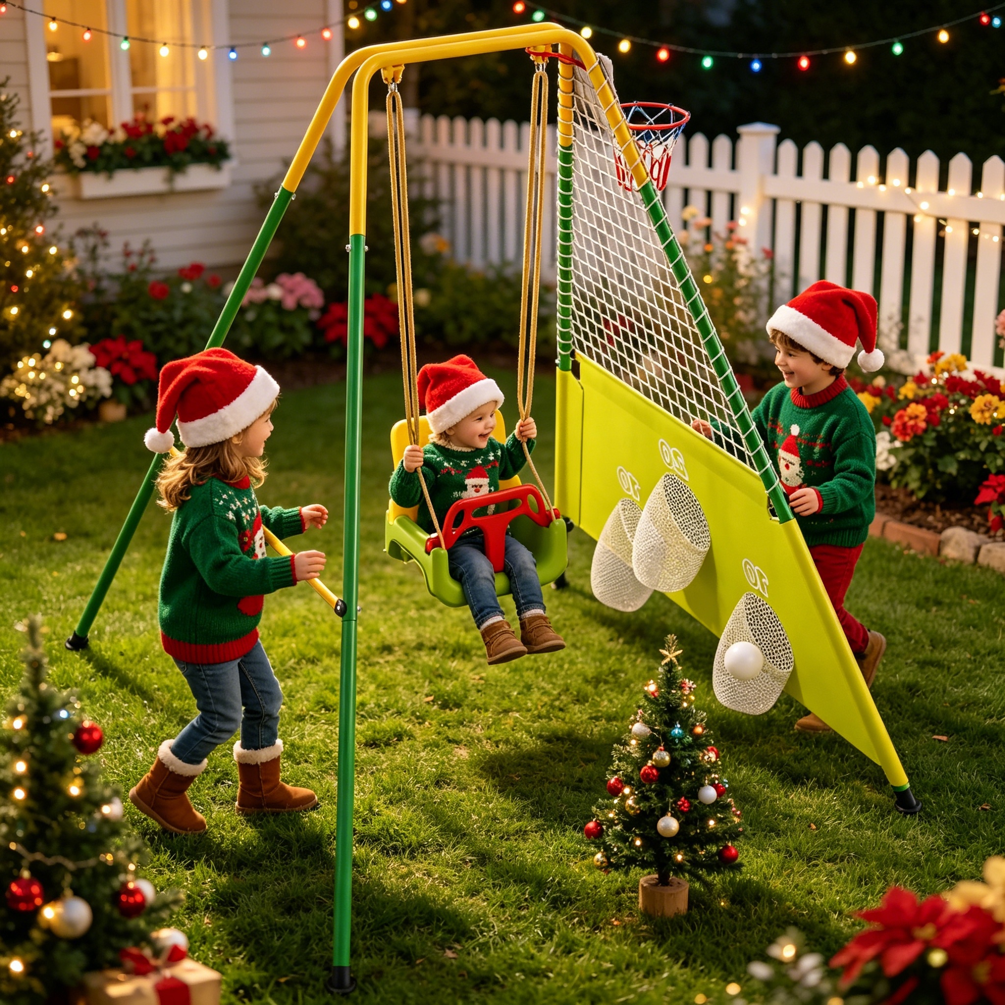 3-in-1 Toddler Swing Set with Basketball Hoop and Soccer Goals – Indoor/Outdoor Baby Swing with Foldable Metal Stand, Kids Swing Set for Backyard, Clear Instructions, Easy to Assemble & Store