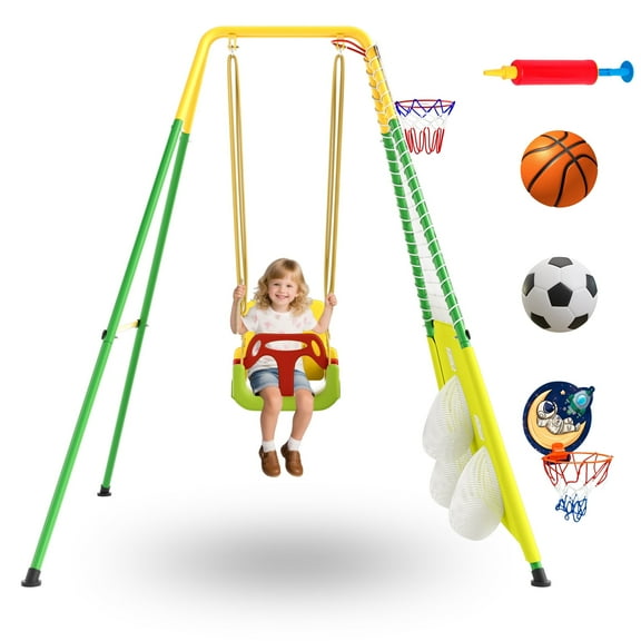 3-in-1 Toddler Swing Set with Basketball Hoop and Soccer Goals , Indoor/Outdoor Baby Swing with Foldable Metal Stand, Kids Swing Set for Backyard, Clear Instructions, Easy to Assemble & Store