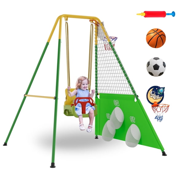3-in-1 Toddler Swing Set with Basketball Hoop and Soccer Goals , Indoor/Outdoor Baby Swing with Foldable Metal Stand, Kids Swing Set for Backyard, Clear Instructions, Easy to Assemble & Store