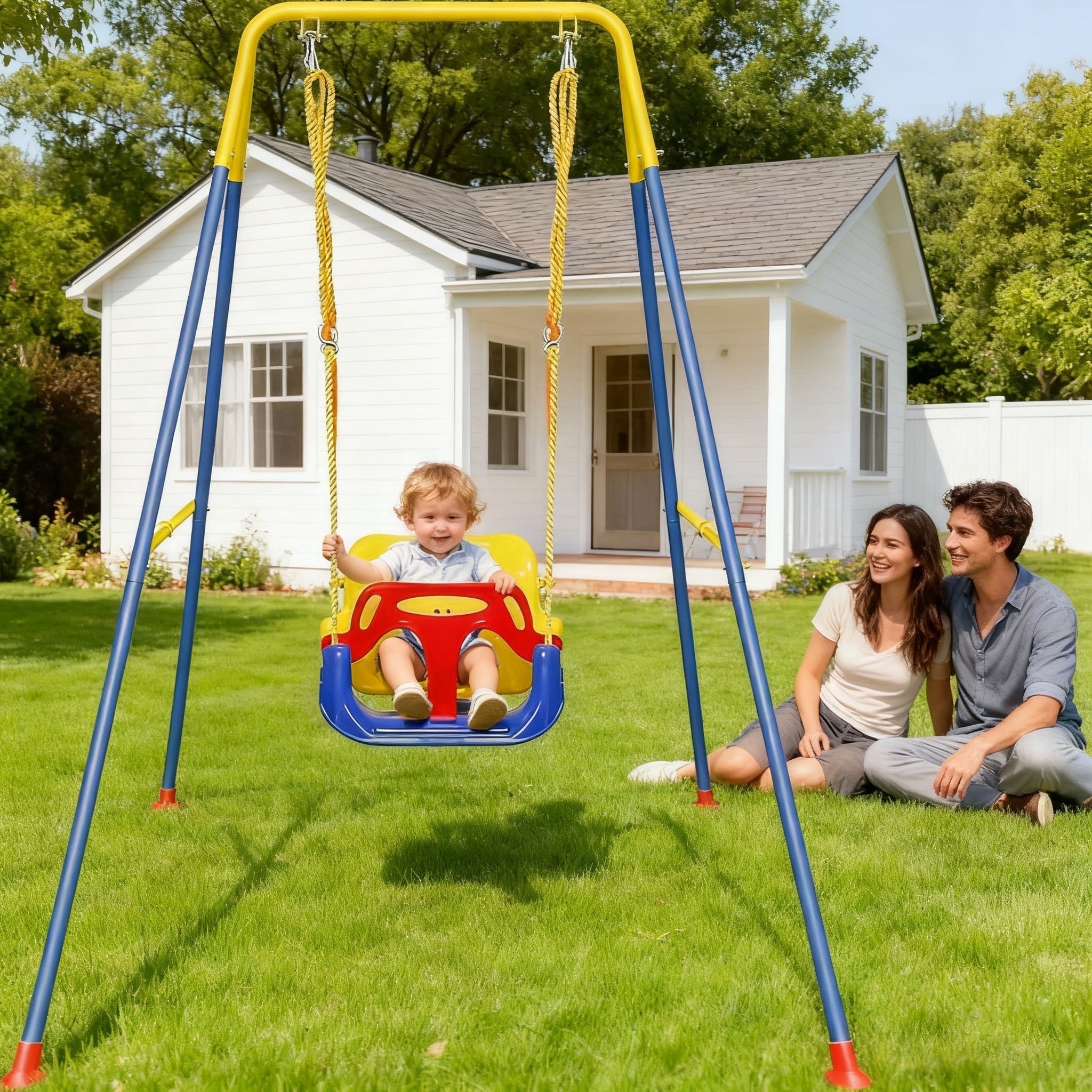 3-in-1 Toddler Swing Sets for Backyard, Comfy Baby Swing Outdoor Indoor, Kids Swing with Metal Stand, Blue