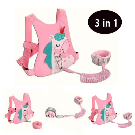 3 in 1 Toddlers Leash + Anti Lost Wrist Link Child Kids Safety Harness Kids Walking Wristband Assistant for Girl Pink Christmas Gift(Rainbow Horse)