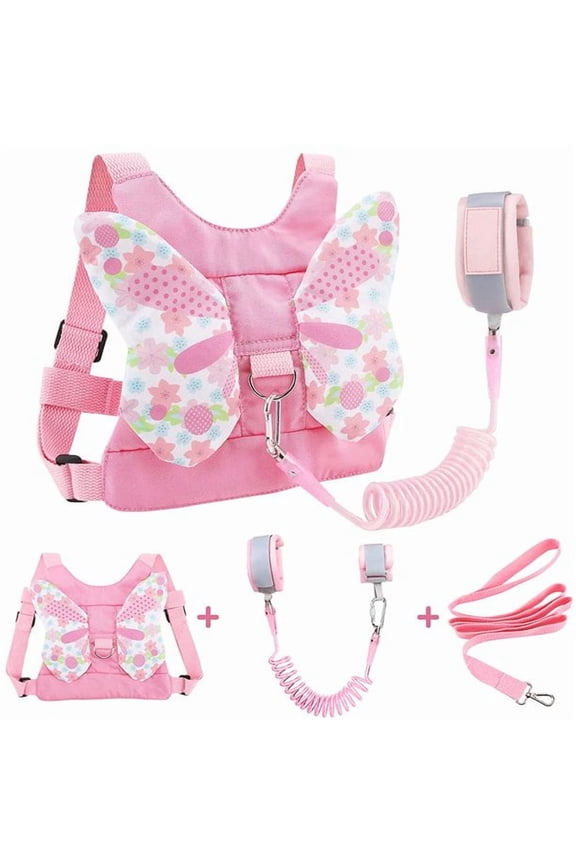 3 in 1 Toddlers Leash + Anti Lost Wrist Link Child Kids Safety Harness Kids Walking Wristband Assistant for Girl Pink Christmas Gift(Pink Butterfly)
