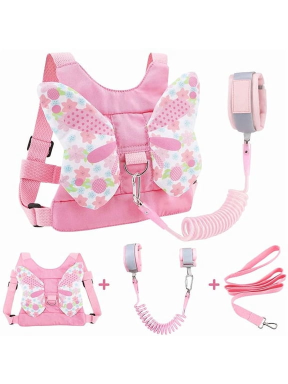 3 in 1 Toddlers Leash + Anti Lost Wrist Link Child Kids Safety Harness Kids Walking Wristband Assistant for Girl Pink Christmas Gift(Pink Butterfly)
