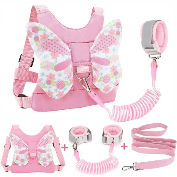 3 in 1 Toddlers Leash + Anti Lost Wrist Link Child Kids Safety Harness Kids Walking Wristband Assistant for Girl Pink Christmas Gift