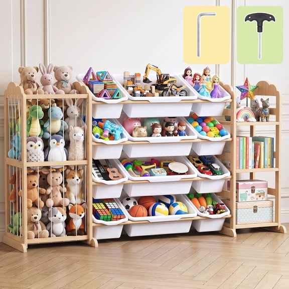 3‑in‑1 Toy Organizer with Bookshelf and Storage Bins, Wooden Kids Storage Cabinet for Playroom or Bedroom – White