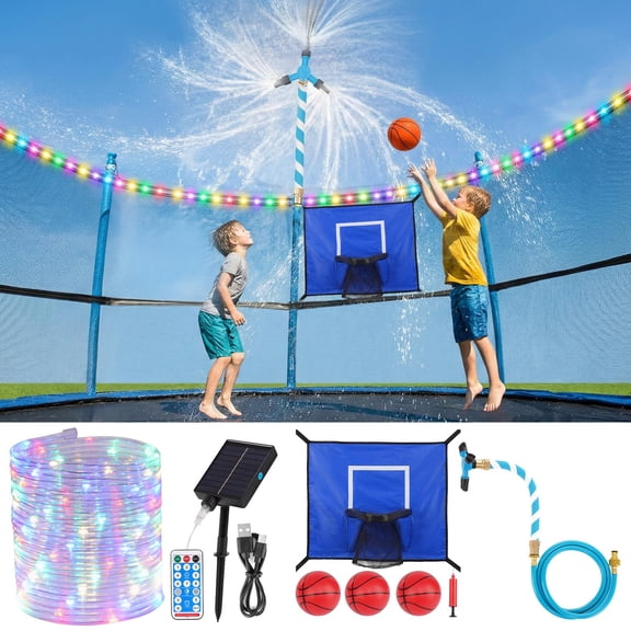 3-in-1 Trampoline Accessory Kit with Sprinkler, Solar Lights, Basketball Hoop