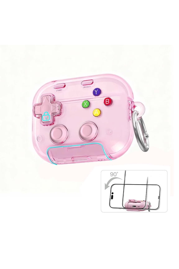 3-in-1 Transparent Game Controller Headphone Case - Protective Cover with Built-In Phone Stand & Keychain - Shock-Absorbent TPU/PC Case for Wireless Earbuds - Nostalgic D-Pad Design Pink