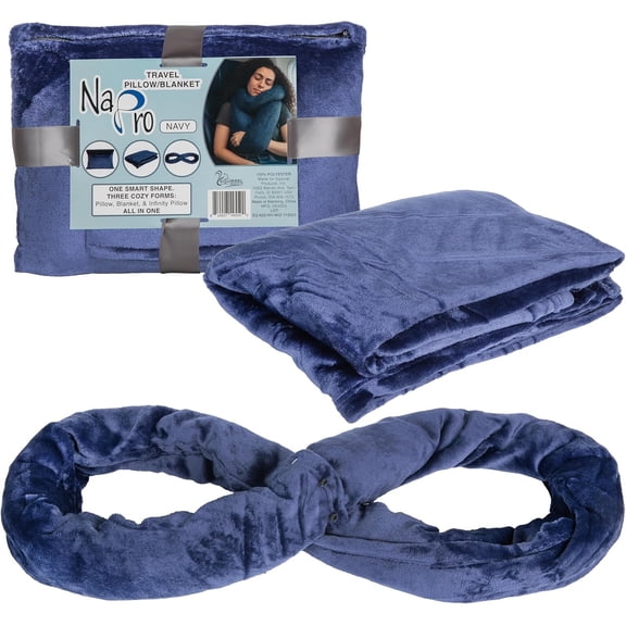 3-in-1 Travel Blanket Pillow Scarf - Convertible 50x80? Blanket, 12x16? Pillow, 80? Infinity Pillow - Lightweight, Plush - Navy Blue