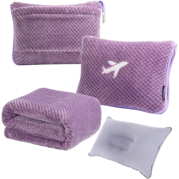 3 in 1 Travel Blanket Pillow Set - 350 GSM Thick Airplane Compact with Bag, Soft Bag a Pocket, Inflatable for Camping & Car Trip (Violet)
