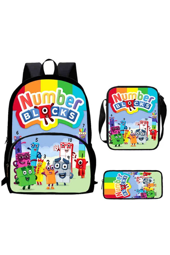 3‑in‑1 Travel Number blocks Backpack Set with Lunch Box and Pencil Case, All‑Over Printed Number blocks Daypack Kit, Lightweight Multipurpose Bag Combo for Daily Outdoor Travel