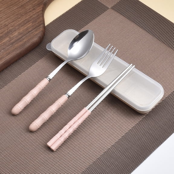 3-in-1 Travel Utensil Set, Stainless Fork/Spoon/Chopsticks in BPA-Free Case, Compact Reusable Flatware Kit (Beige),Pink,1PC