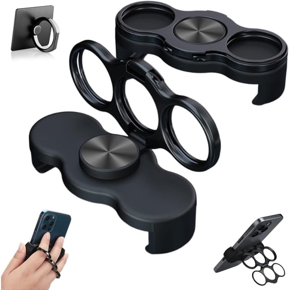 3-in-1 Triple Ring Grip & Stand, 360 Rotating Phone Holder with Dual-Ring Design for Three-Finger Grip, Foldable Car Desk Stand for Office, Gym, Kitchen - 2026 New (Black,1pcs, B)