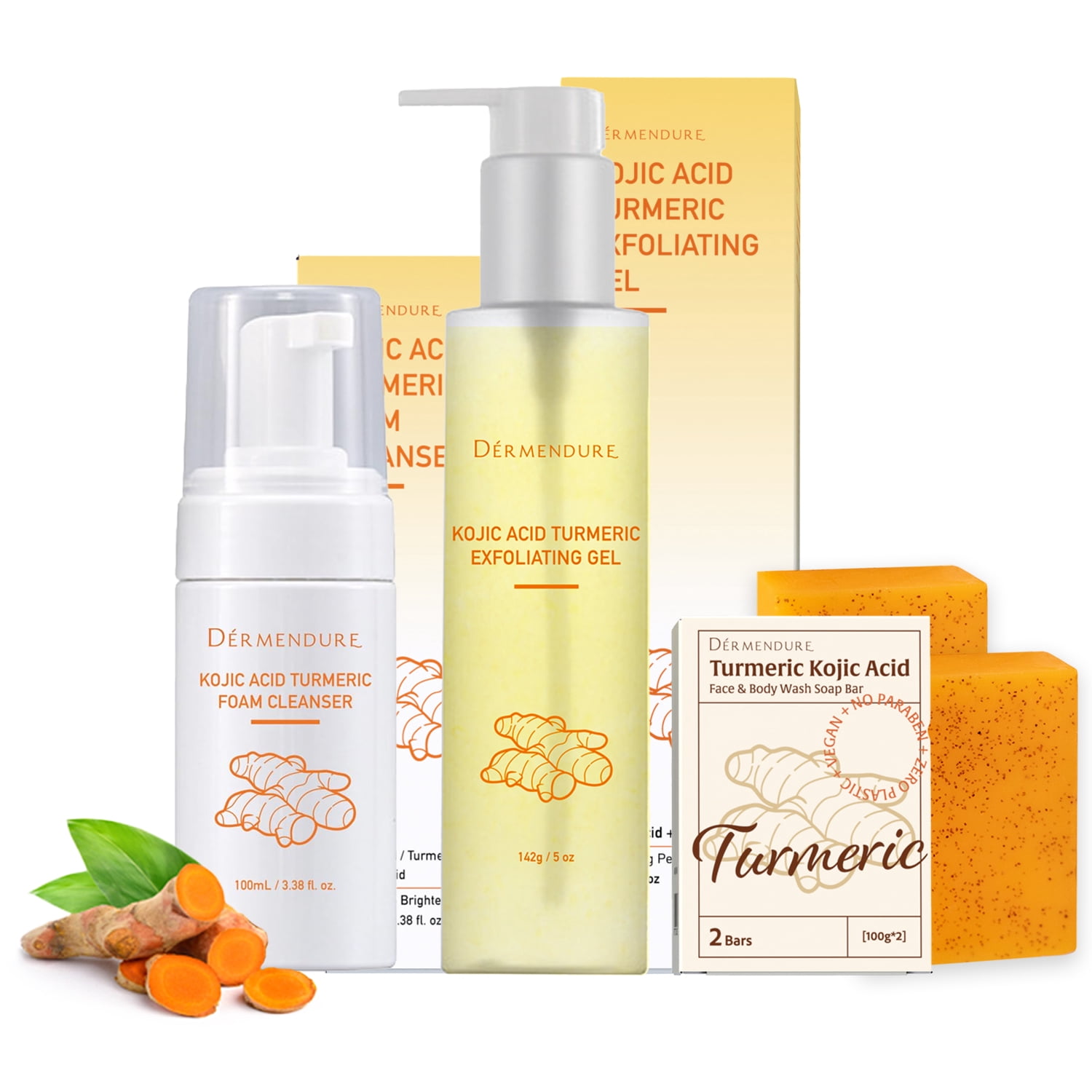 3-in-1 Turmeric & Kojic Acid Skincare Set – Exfoliating Gel Peel + Amino Acid Foam Cleanser + Gentle Soap for Dark Spot, Dead Skin Cells Remover, Skin Brightening, Even Tone