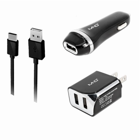 3-in-1 Type-C USB Chargers Bundle for OnePlus 3T, OnePlus 3, OnePlus 2 - (Black) - 2.1Ah Car Charger + Home Travel AC Charger Adaptor - (Dual Port) + Type-C USB Cable