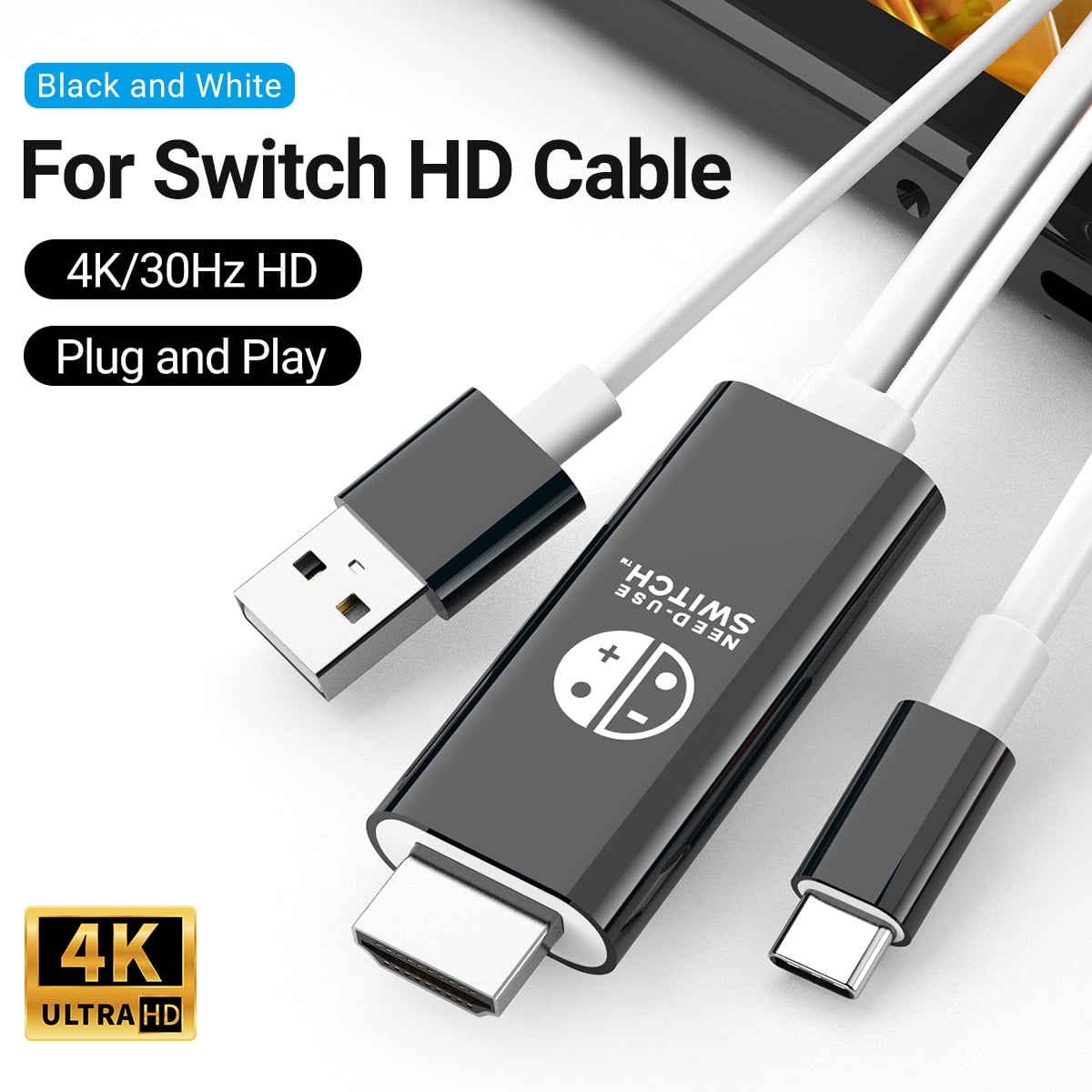 3-in-1 Type C to Display Port 4K30Hz USB to HDTV 2M Cable USB 5V Power Supply with for Nintendo Switch OLED/Phone/Notebook/Pad (black)