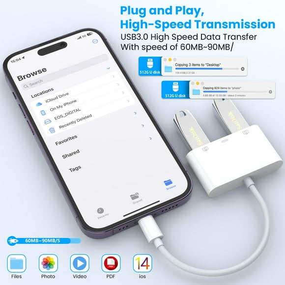 3-in-1 USB Adapter, 2 USB Ports Can Use at the Same Time for SD Card Reader/ USB Flash Drive/ Hard Disk/ Keyboard/ Mouse, Suitable for Laptops, Tablets, and Phones, White