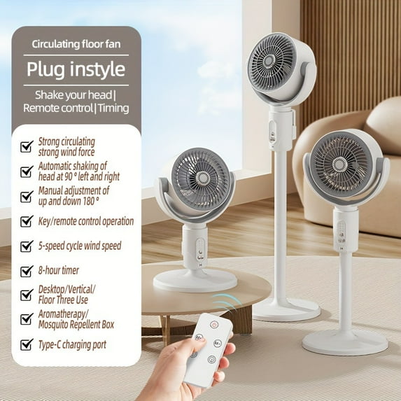 3-in-1 USB Floor Fan, Vertical/Handheld/Desktop, Fully Automated Oscillating Head, Shake-Head Function, 3 Adjustable Heights, Portable Cooling For Home & Office