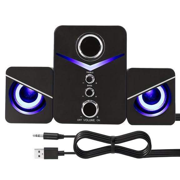 3‑in‑1 USB Powered Computer Speaker, Colorful DJ Lights, Stereo Sound & Heavy Bass, Volume Control, USB Power + 3.5mm Audio Jack for Desktop & Laptop