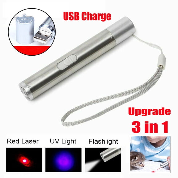 3-in-1 USB Rechargeable Pet Laser Toy Pen with Red Beam UV Light & White Flashlight, 3 Modes Interactive Cat Dog Toy, Mini Multi-Functional Stainless Steel Flashlight for Indoor Play Urine Detection