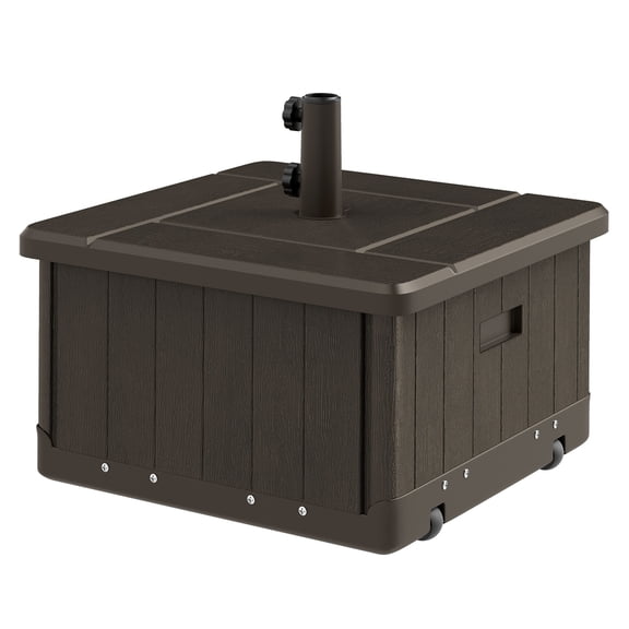 3-in-1 Umbrella Base with Wheels, End Table & Planter, 175 lbs Capacity, Brown - Outdoor Patio Furniture