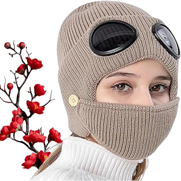 3-in-1 Unisex Knitted Goggles Beanie, Winter Thermal Hat with Detachable Mask and Integrated Glasses for Cold Weather Outdoor Use.