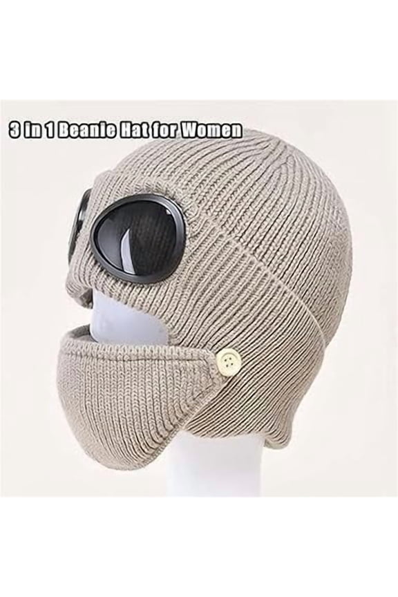 3-in-1 Unisex Knitted Goggles Beanie, Winter Warm Outdoor Sports Fashion Aviator Hat with Ear Cover & Detachable Mask(1,pcs,L)
