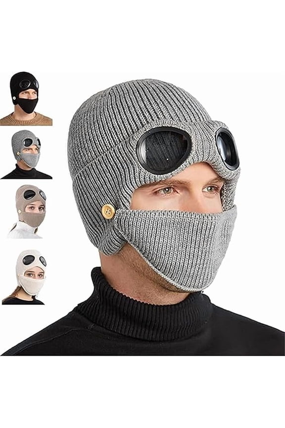 3-in-1 Unisex Knitted Goggles Beanie, Winter Warm Outdoor Sports Fashion Aviator Hat with Ear Cover & Detachable Mask (G: Gray)