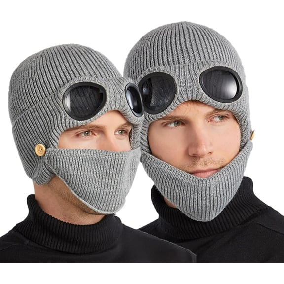 3-in-1 Unisex Knitted Goggles Beanie with Built-in Goggles and Detachable Mask, Thermal Beanie for Skiing and Outdoor Cold Weather Activities