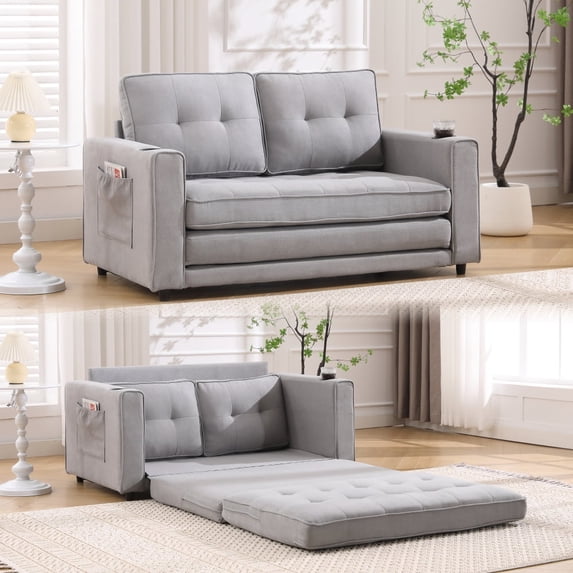 LUCKHAO 3-in-1 Upholstered Convertible Futon with Side Pockets & Cup Holder for Living Room