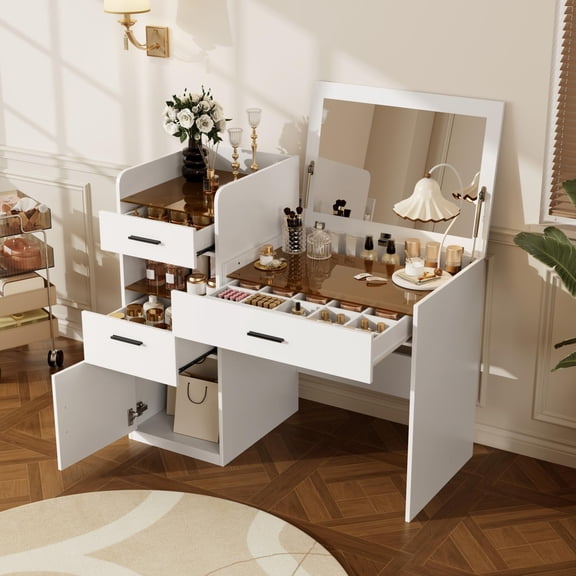 3-in-1 Vanity Desk with Flip Top Mirror, Glass Top Compact Makeup Vanity with Hidden Storage and 3 Drawers, Space Saving Dressing Table for Bedroom, White