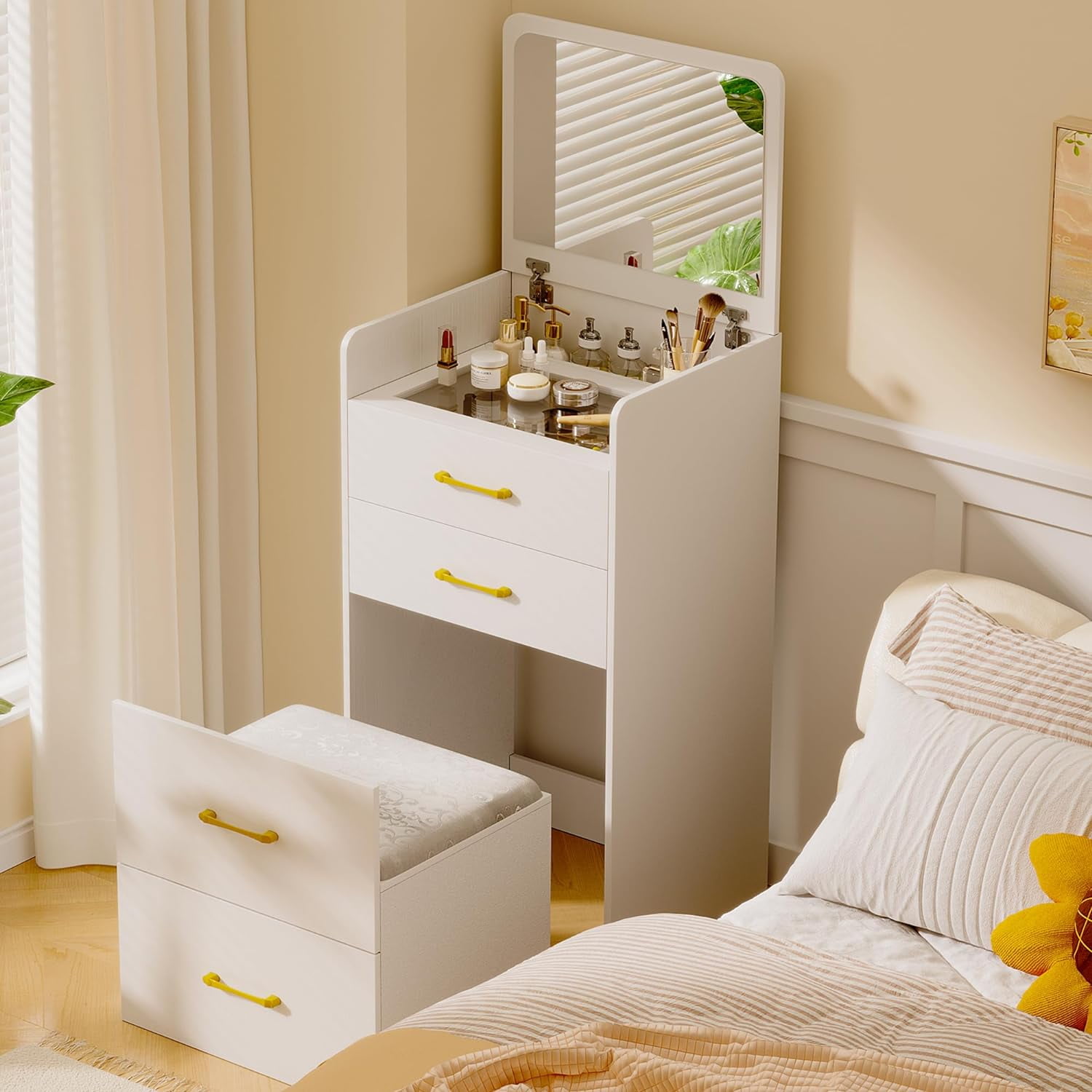 White Engineered Wood Vanity Desk with Flip Top Mirror and Cushioned Stool