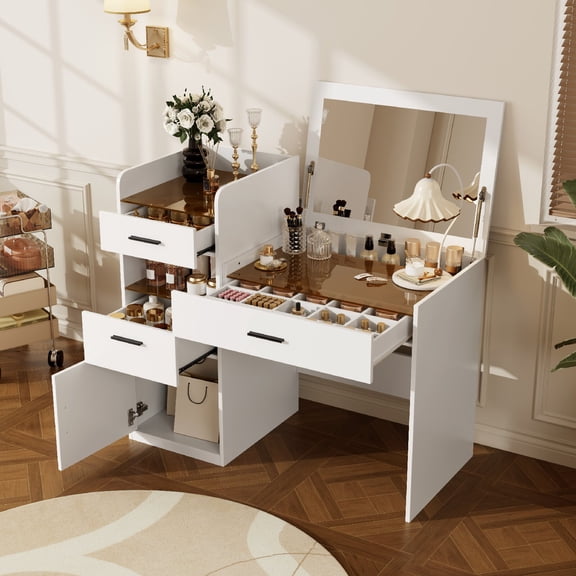 3-in-1 Vanity Desk with Flip Top Mirror and Semi-open cubby, Glass Top Compact Makeup Vanity with Hidden Storage and12 Compartment Storage Space, Vanity Table with 3 Drawers and Cabinet,White