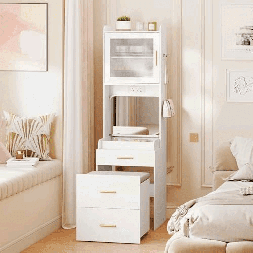 3-in-1 Vanity Desk with Flip Top Mirror, Storage Stool on Wheels, Compact Makeup Vanity Table with Charging Station, Fluted Cabinet & Drawers, Tall Nightstand for Bedroom & Apartment, White