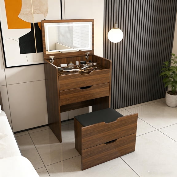 3-in-1 Vanity Desk with Lighted Mirror & Stool, Flip Top Makeup Dressing Table, Compact Storage for Bedroom, Bathroom, Dressing Room, 18.9"L, Walnut Finish