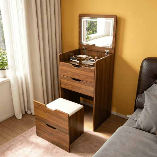 3-in-1 Vanity Desk with Lighted Mirror and Stool, Flip Top Makeup Table with LED Lights, Drawer and Hidden Storage, Modern Walnut Dressing Table for Bedroom, Bathroom, Primary Living Space