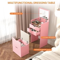 3-in-1 Vanity Desk with Lights & Flip Mirror, Small Makeup Vanity Set with Hidden Stool and Storage Drawers, Space-Saving Dressing Table for Bedroom, Pink